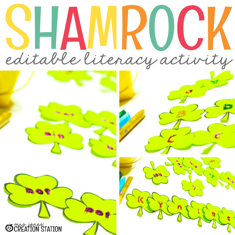 photo of shamrock editable name activity for st patricks day. used for name practice, sight work practice and rhyming practice