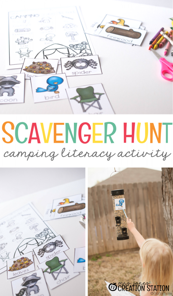 Take learning outside with this fun camping themed scavenger hunt.  When you find a card, practice writing the words on the free printable.