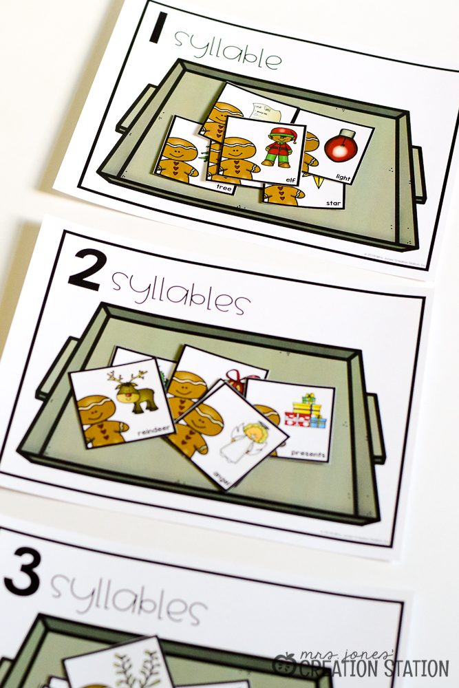 FREE Gingerbread syllable sort for kindergarten and first grade for the holiday season