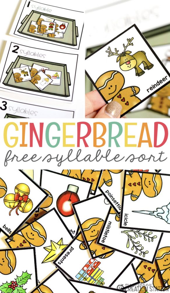 FREE Gingerbread syllable sort for kindergarten and first grade for the holiday season